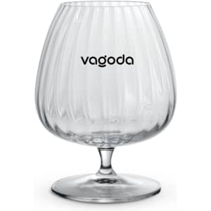 A glass cognac glass with a ridged design, clear in colour, featuring a logo on the front.