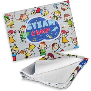 A full-colour tea towel featuring playful illustrations of children and a blue logo. It has a white reverse side.