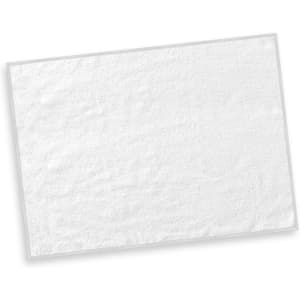 A white tea towel with a textured surface, featuring a simple design and a brand logo.