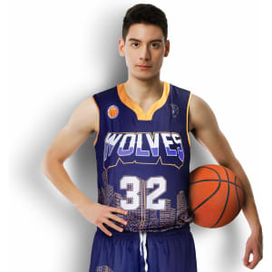 A men's basketball top in navy blue with orange accents, featuring a graphic design and a logo on the chest.