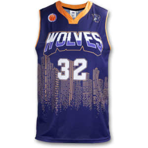 A custom men's basketball top in navy blue featuring orange accents and a city skyline design. It has a logo.