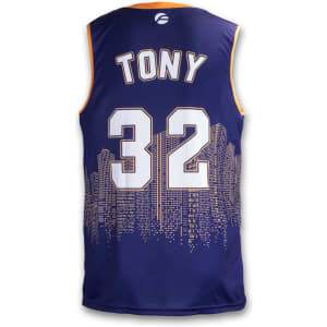 A custom men's basketball top in navy blue and yellow, featuring a skyline design and a logo.