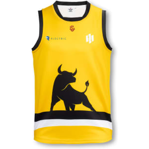 A custom men's AFL top in yellow with a black bull graphic and white detailing. It features a logo.