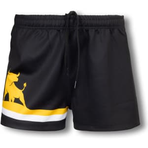 Custom men's AFL shorts in black with a yellow and white design, featuring a logo on the side and an adjustable waistband.