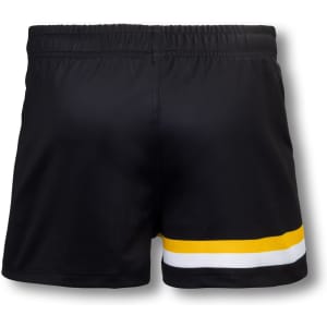 A pair of black sports shorts featuring a yellow and white stripe design, with an elastic waistband and a logo.