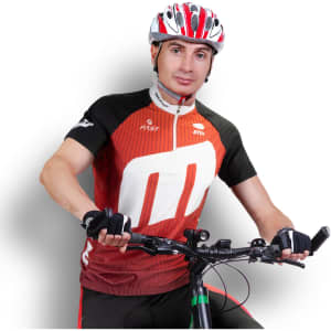 A cyclist wearing a red and black custom cycling jersey and a helmet, posed on a bicycle. The jersey features a logo.