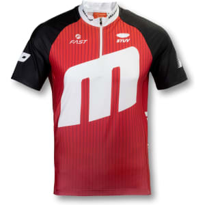 A red and black cycling jersey with a half-zip and a logo. Features vertical stripes and short sleeves.