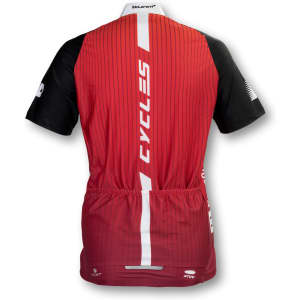 A red and black custom men's cycling top featuring vertical stripes and a logo on the back.