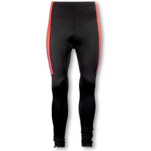 Custom men's cycling pants in black with red accents, featuring a logo and designed for comfort and performance.