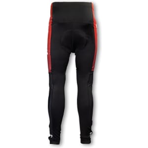 Custom men's cycling pants in black with red detailing, featuring a padded seat area and a fitted design.