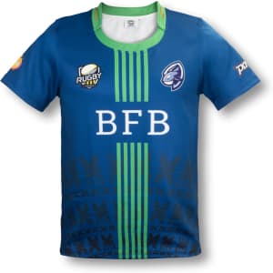 A blue men's rugby T-shirt featuring green accents and a logo, designed for sports uniforms.