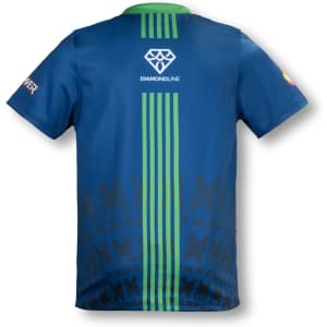 A blue rugby T-shirt featuring green accents and a patterned design, with a logo on the back.