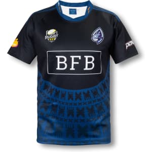 A black and blue custom men's rugby performance t-shirt featuring various logos and a distinctive design pattern.