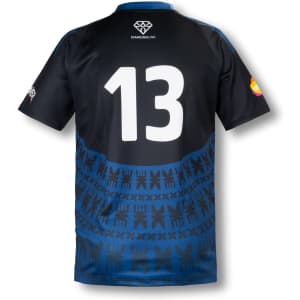 A custom men's rugby performance T-shirt featuring a dark blue and black design with a large number 13 and logo.