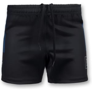 Custom men's rugby shorts in black with blue accents, featuring an elastic waistband and drawstring, and a logo.