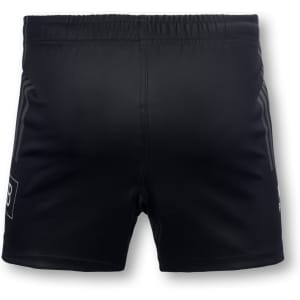 A pair of black men's rugby shorts featuring an elastic waistband and side stripes, with a logo on the lower leg.
