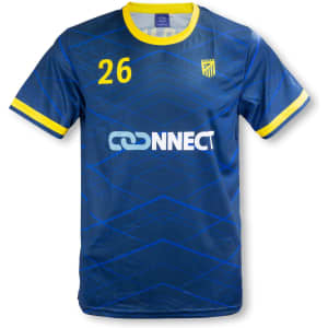 A blue men's soccer jersey with yellow accents and a logo on the front. Features the number 26.