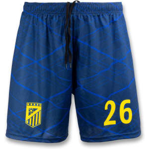Custom men's soccer shorts in blue with a wave pattern and a logo. Features a yellow number 26.