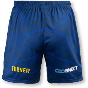 Custom men's soccer shorts in navy blue with blue geometric patterns and a logo on the right side.