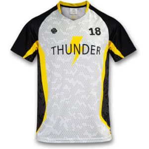 A grey and black men's volleyball top featuring a yellow lightning design and a logo.