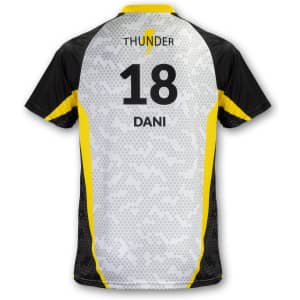 A custom men's volleyball top featuring a black and yellow design with a patterned silver back and a logo.
