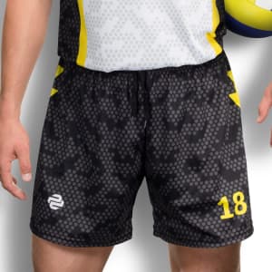 Custom men's volleyball shorts in black with a pattern, featuring yellow accents and a logo on the side.