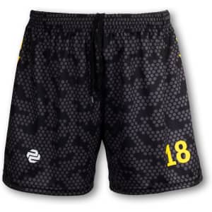 Sporty men's volleyball shorts featuring a black pattern with yellow accents and a logo on the front.