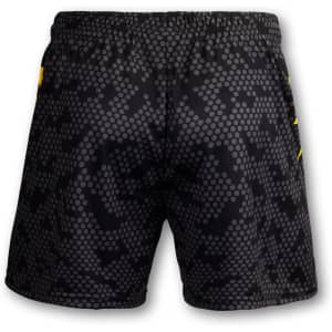 Custom men's volleyball shorts in black with a grey patterned design and yellow accents, featuring a logo.
