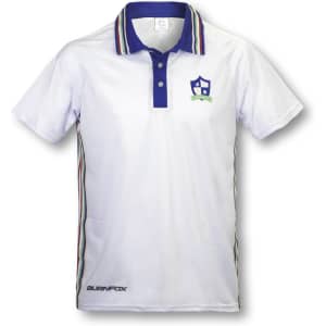 A white men's tennis top featuring a collar, colourful stripes, and a logo on the chest.