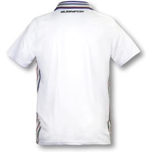 A white men's tennis top featuring a collar and colourful side stripes, with a logo on the back.