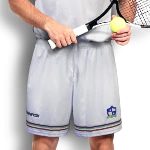 Custom men's tennis shorts in grey with a logo and stripe detailing, ideal for sports activities.