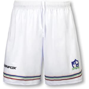 White men's tennis shorts with an elastic waistband and coloured stripes, featuring a logo on the left leg.