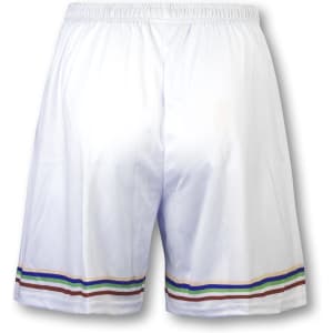 White sports shorts featuring a multi-coloured striped design at the bottom and an elastic waistband.