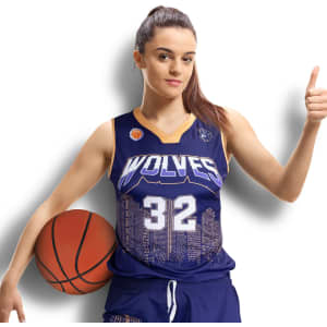 A women's basketball top in navy blue with an intricate design, featuring a logo and a player holding a basketball.