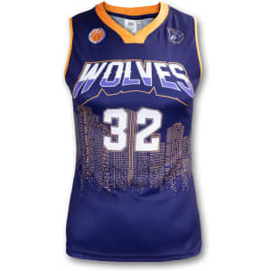 A women's basketball jersey in navy blue and orange, featuring a skyline design and a logo.
