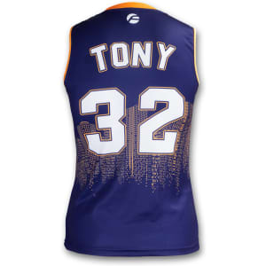 A custom women's basketball top in navy blue with orange accents and a logo. It features a design on the back.