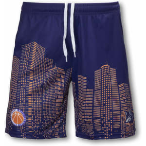 Custom women's basketball shorts in navy blue featuring a city skyline design and an emblem.