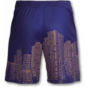 Navy blue women's basketball shorts featuring a city skyline design in gold. Includes branding on the side.