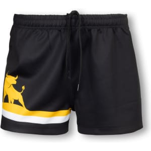 Custom women’s AFL shorts in black, featuring a yellow and white design with an animal silhouette and an elastic waistband.