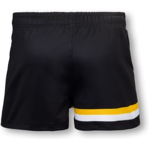 Custom women's AFL shorts in black with a trim of yellow and white. Features an elastic waistband and a logo.
