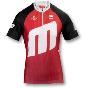 A red and black custom women's cycling top featuring a logo and a zippered front.