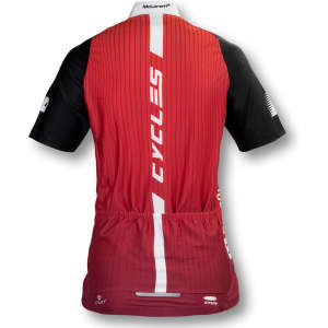 A red and black women's cycling top featuring vertical stripes and a branding logo on the back.