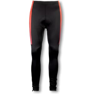 Custom women's cycling pants in black with bright red side stripes, featuring a padded seat for comfort.