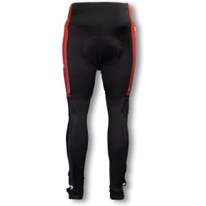 Custom women's cycling pants in black with red accents, featuring a fitted design and a logo.