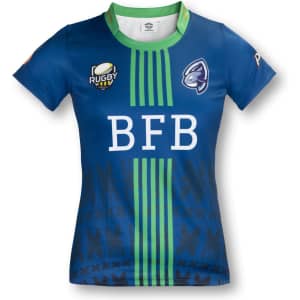 A blue women's rugby t-shirt featuring green stripes and a logo. Designed for sports uniforms.