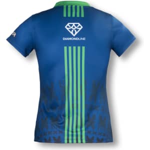 A blue women's rugby t-shirt featuring green stripes and a logo on the back.