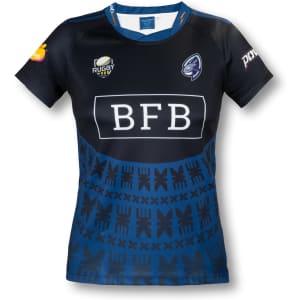 A women's performance rugby t-shirt in black and blue, featuring a logo and unique patterned design.