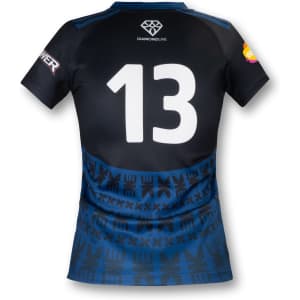 A black and navy women's performance rugby t-shirt featuring a patterned design and a number 13 on the back, with logos.