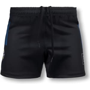 Black rugby shorts featuring a drawstring waist and a logo on the side. Suitable for women's sportswear.