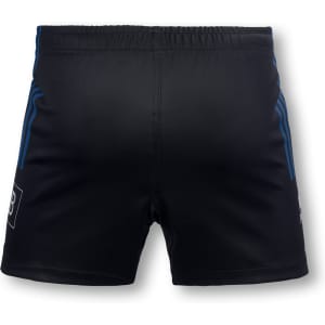 Black women's rugby shorts featuring blue stripes and a logo on the side, designed for sports activities.